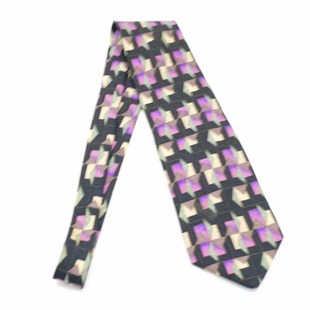 XMI Black Purple‎ Green Tan Abstract Woven Wide Silk Tie Made In USA